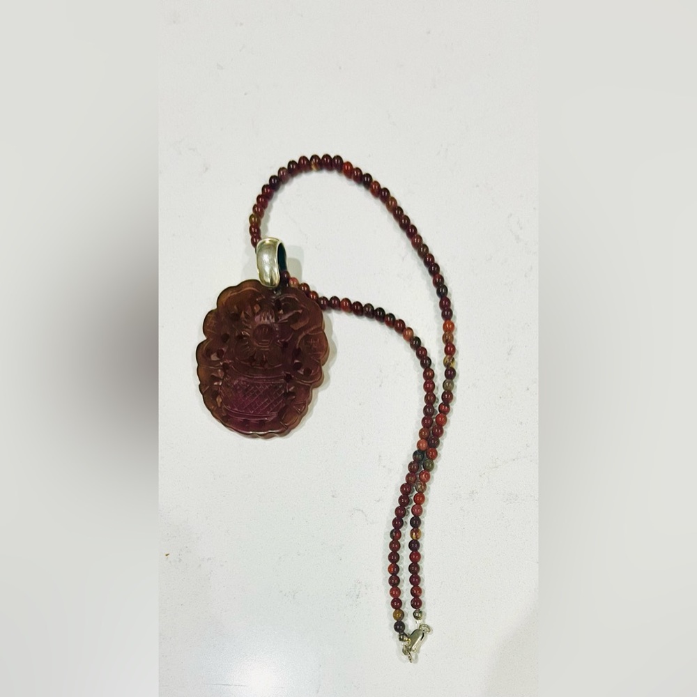 Carved Chinese Jade Pendant Necklace | Sterling Silver | Prosperity Symbol - Picture 4 of 14